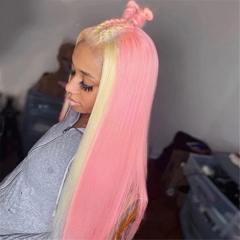 Blonde/Pink Skunk Stripe Lace Wig