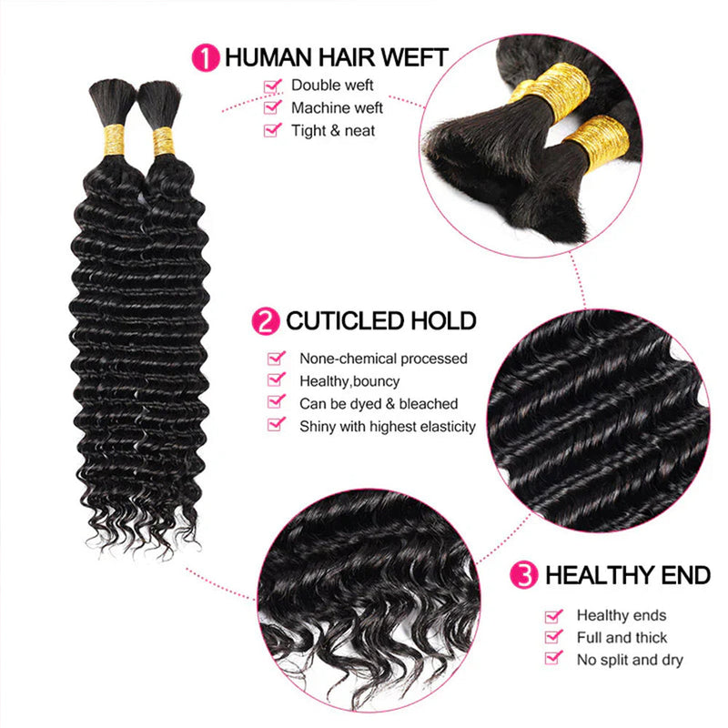 Deep Wave Bulk Human Hair  Natural Black #1B Braiding Hair (100 Grams)