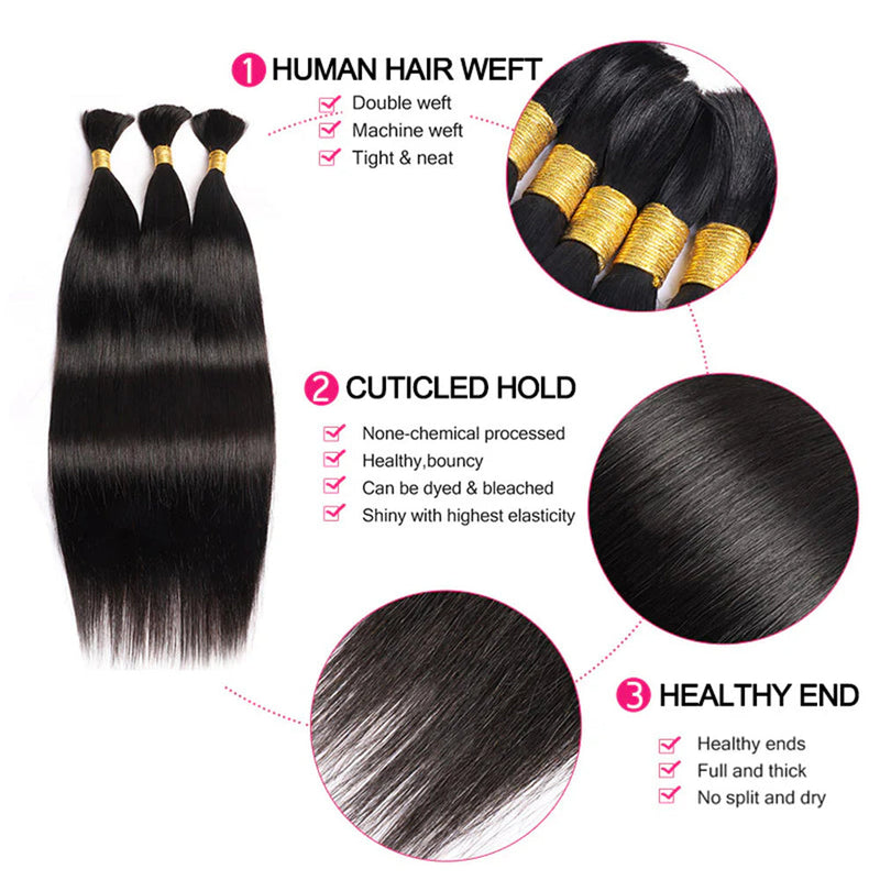 Straight Bulk Human Hair  Natural Black #1B Braiding Hair (100 Grams)