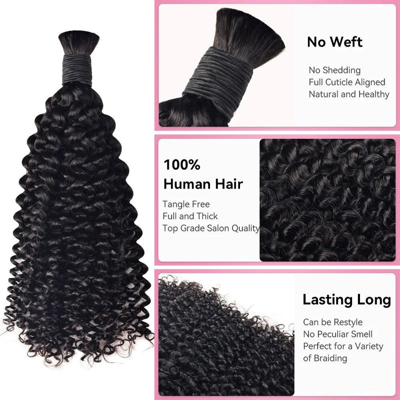 Jerry Curly Bulk Human Hair  Natural Black #1B Braiding Hair (100 Grams)